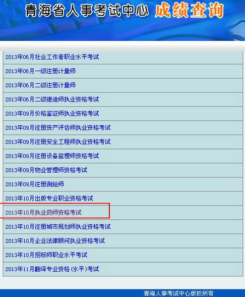 青海2013執(zhí)業(yè)藥師考試成績查詢入口