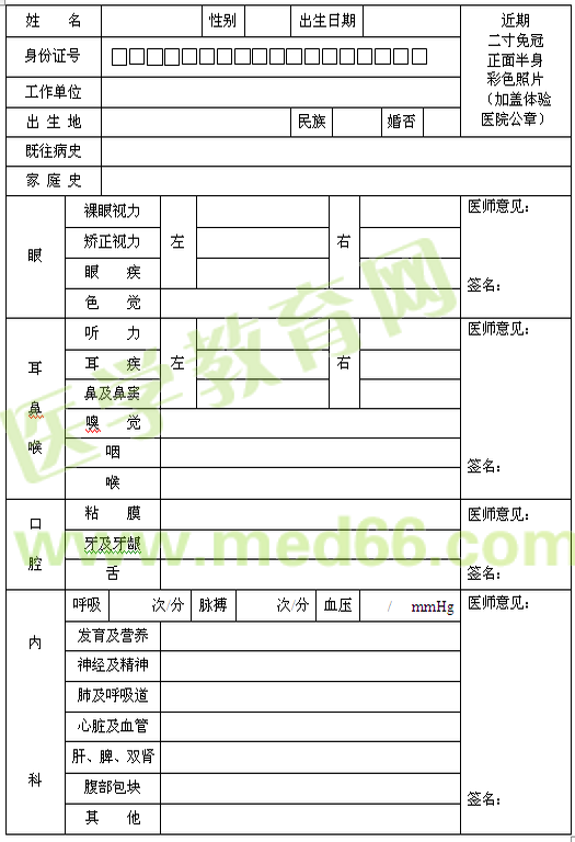 執(zhí)業(yè)醫(yī)師注冊(cè)體檢表