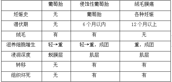 絨癌、侵蝕性葡萄胎、葡萄胎的鑒別