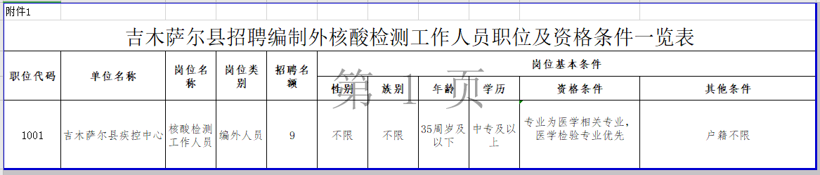 新疆吉木薩爾縣2021年1月份招聘核酸檢測(cè)工作人員崗位計(jì)劃表