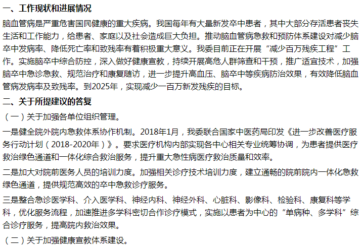 國家衛(wèi)健委關于加強腦卒中急救體系建設的建議答復！