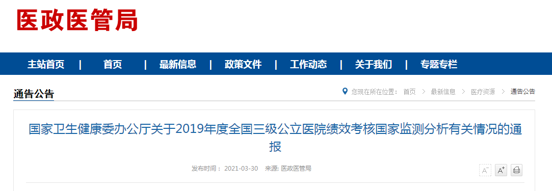 國家衛(wèi)健委發(fā)布2019年度全國三級(jí)公立醫(yī)院績效考核國家監(jiān)測(cè)分析有關(guān)情況的通報(bào)