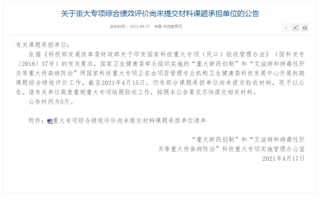 國家衛(wèi)健委重大專項綜合績效評價尚未提交材料課題承擔單位清單