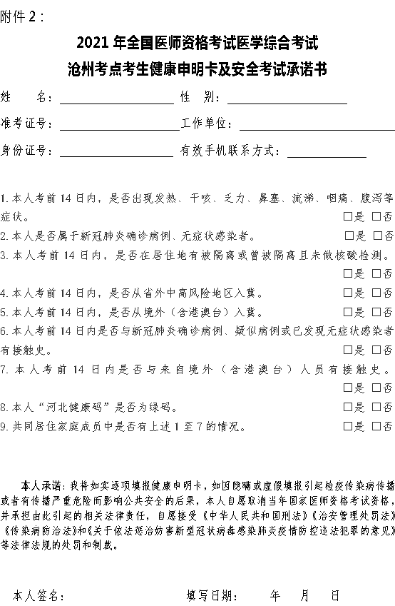 滄州考點(diǎn)醫(yī)師資格考試健康承諾書